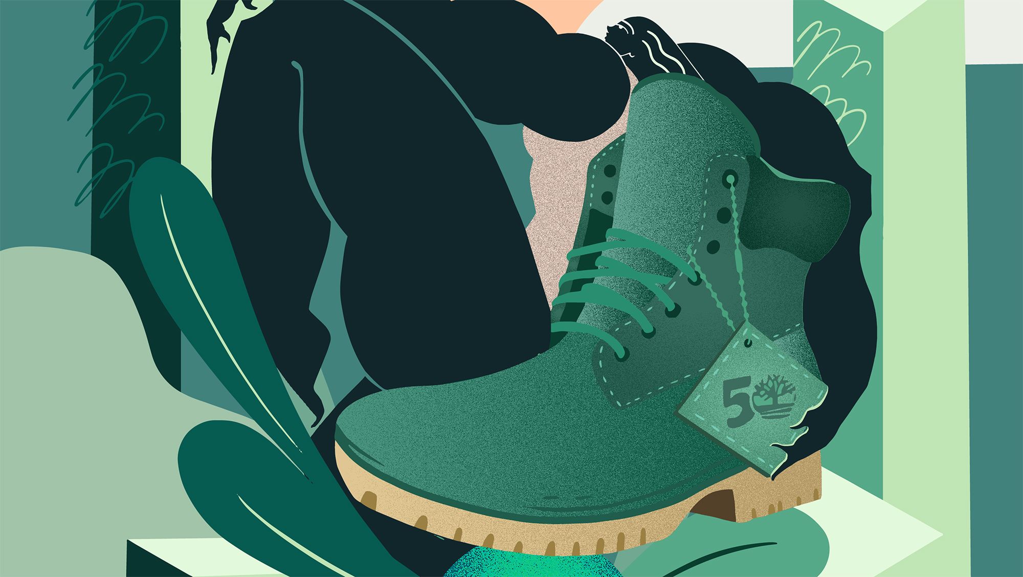 An illustration of a green boot with a tag on it.