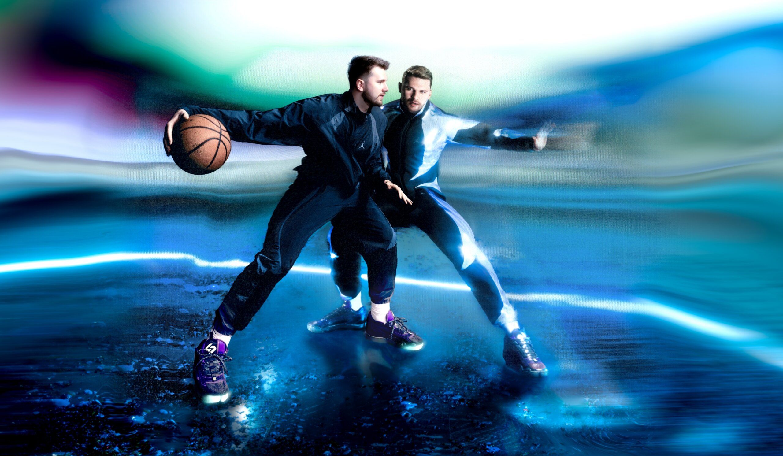 Luka playing Luka one on one basketball. Background is highly stylized computer glowing look.