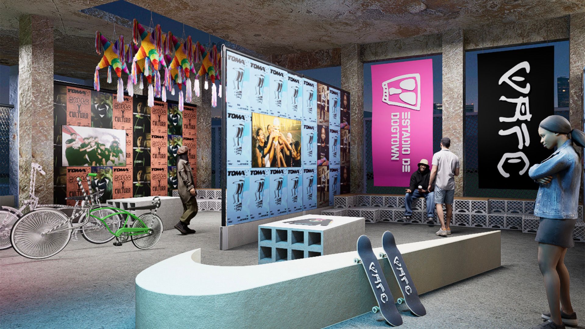 A modern indoor space with skateboards, bicycles, colorful piñatas, posters, and people standing or sitting in a skate shop or event setting.