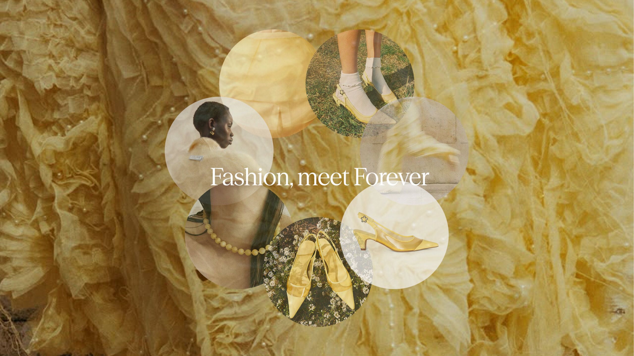 Collage of vintage-inspired gold accessories and shoes over a textured yellow fabric background with the text "Fashion, meet Forever" in the center.
