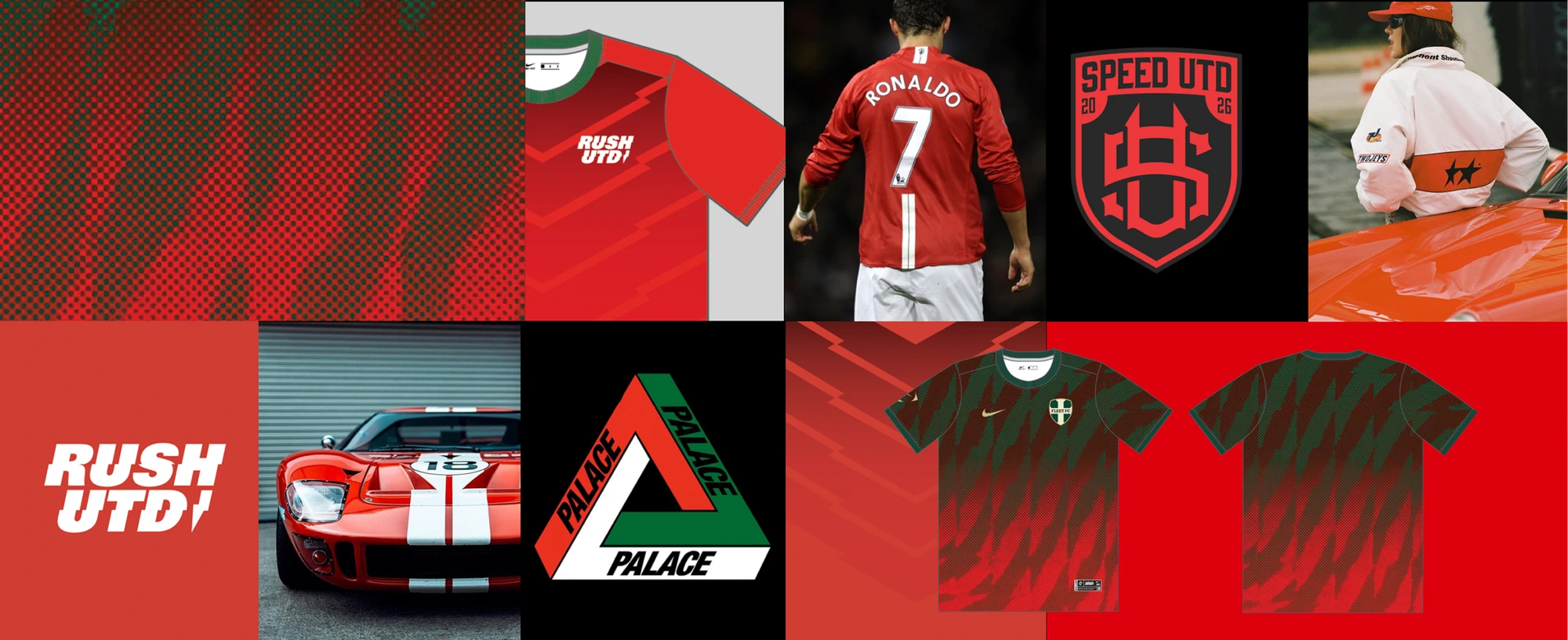 A collage featuring soccer jerseys, a race car, geometric graphics, a person in an orange jacket, and Cristiano Ronaldo from behind wearing a number 7 Manchester United shirt.