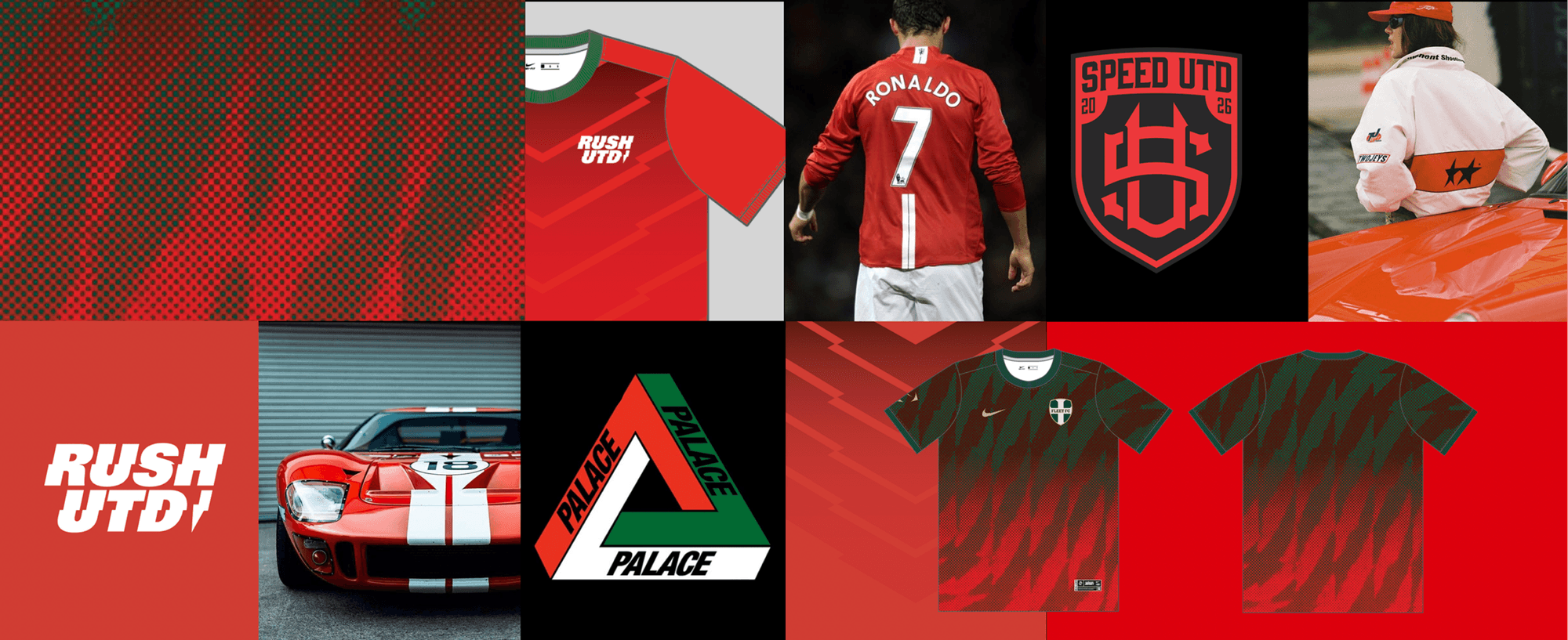 A collage featuring soccer jerseys, a race car, geometric graphics, a person in an orange jacket, and Cristiano Ronaldo from behind wearing a number 7 Manchester United shirt.