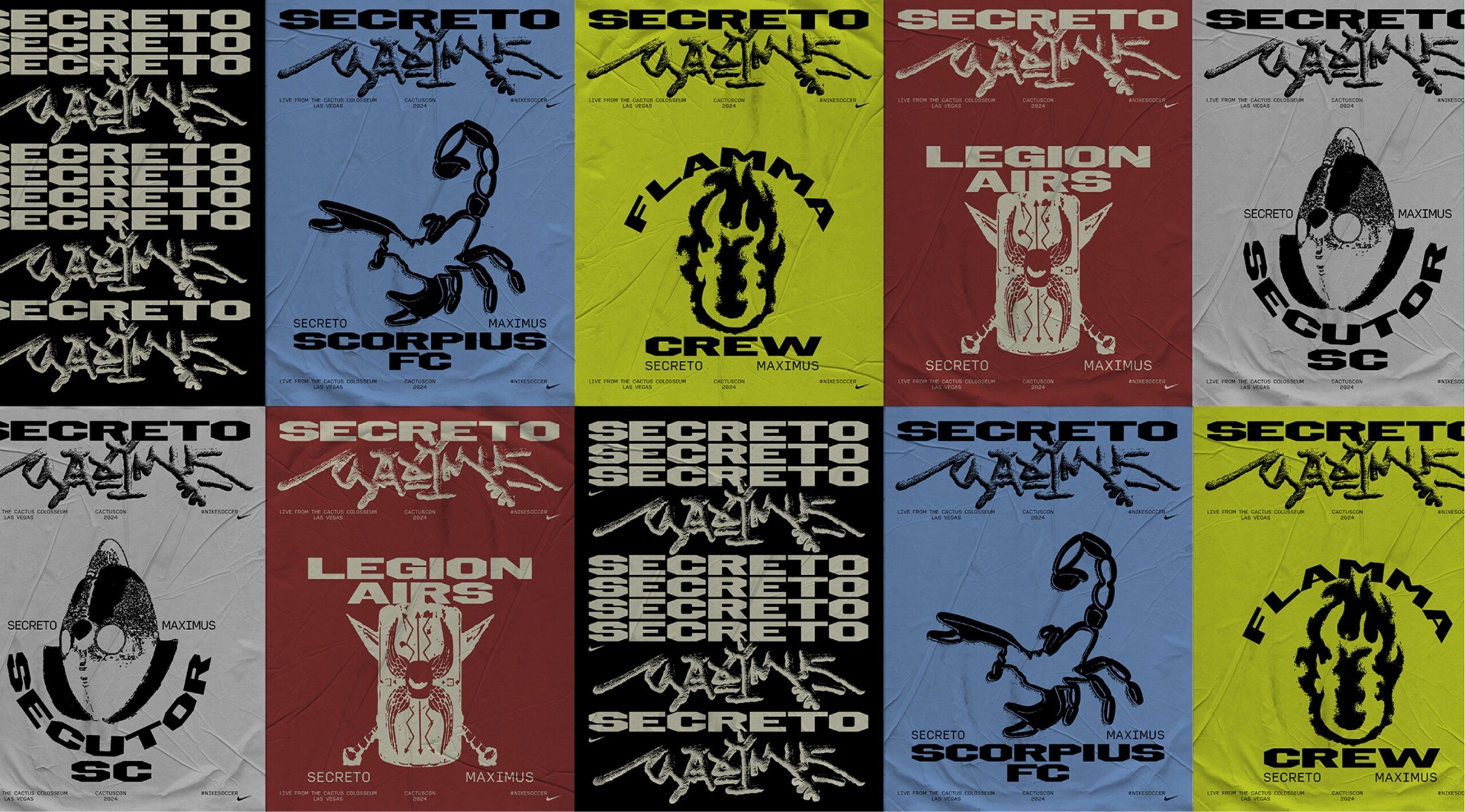 A collage of graffiti-themed posters with text reading "Secreto Maximus." Images include a scorpion, flames, and masks in various colors: blue, red, green, and grey.