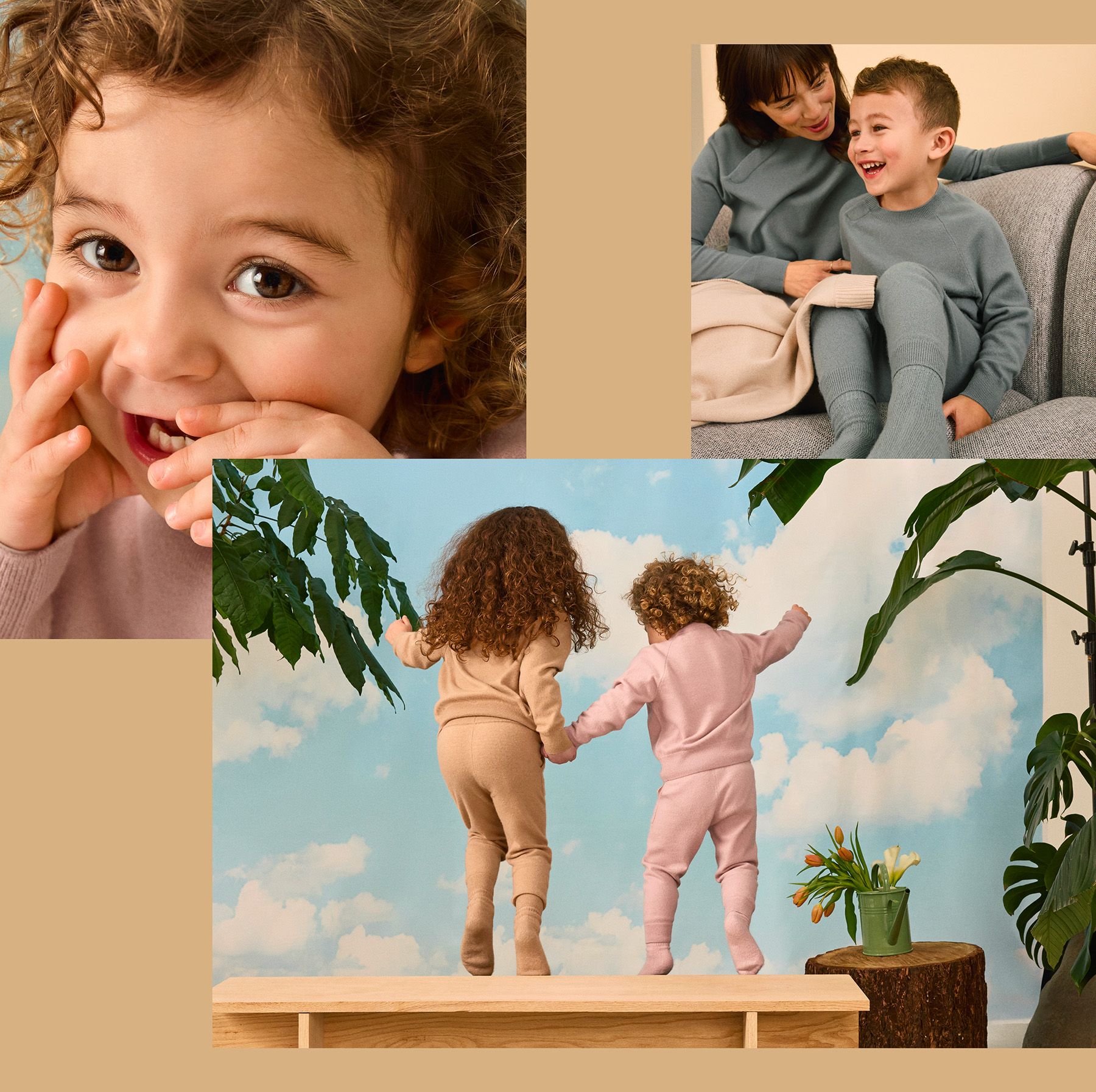 Collage of children: one close-up of a child smiling, two children laughing on a couch, and two kids in pajamas holding hands facing a cloud-patterned wall.