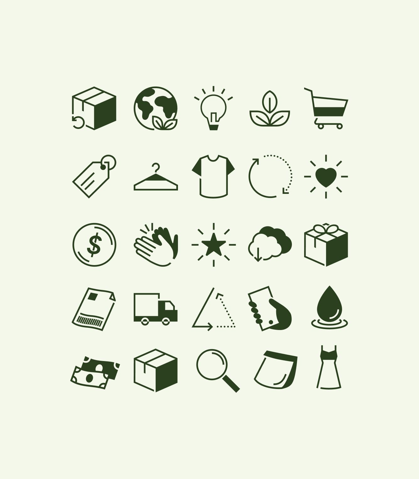 A grid of 25 simple dark green icons related to shopping, clothing, sustainability, and textiles on a light background.