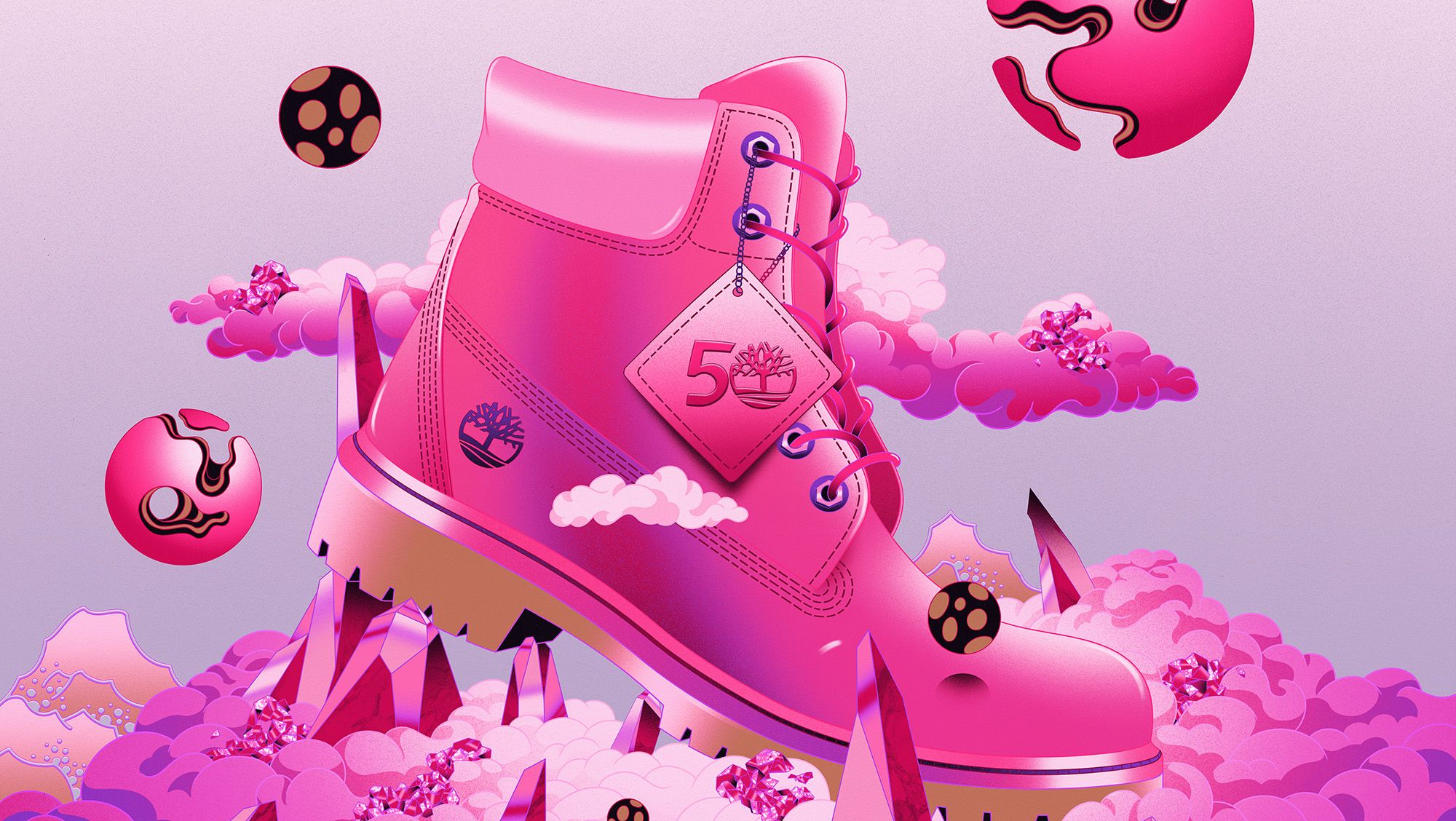 Illustration of the Vivacious pink color way for the Timberland 50th Anniversary boot. shows boot on pink cloud planet with sharp pink crystal-like structures.
