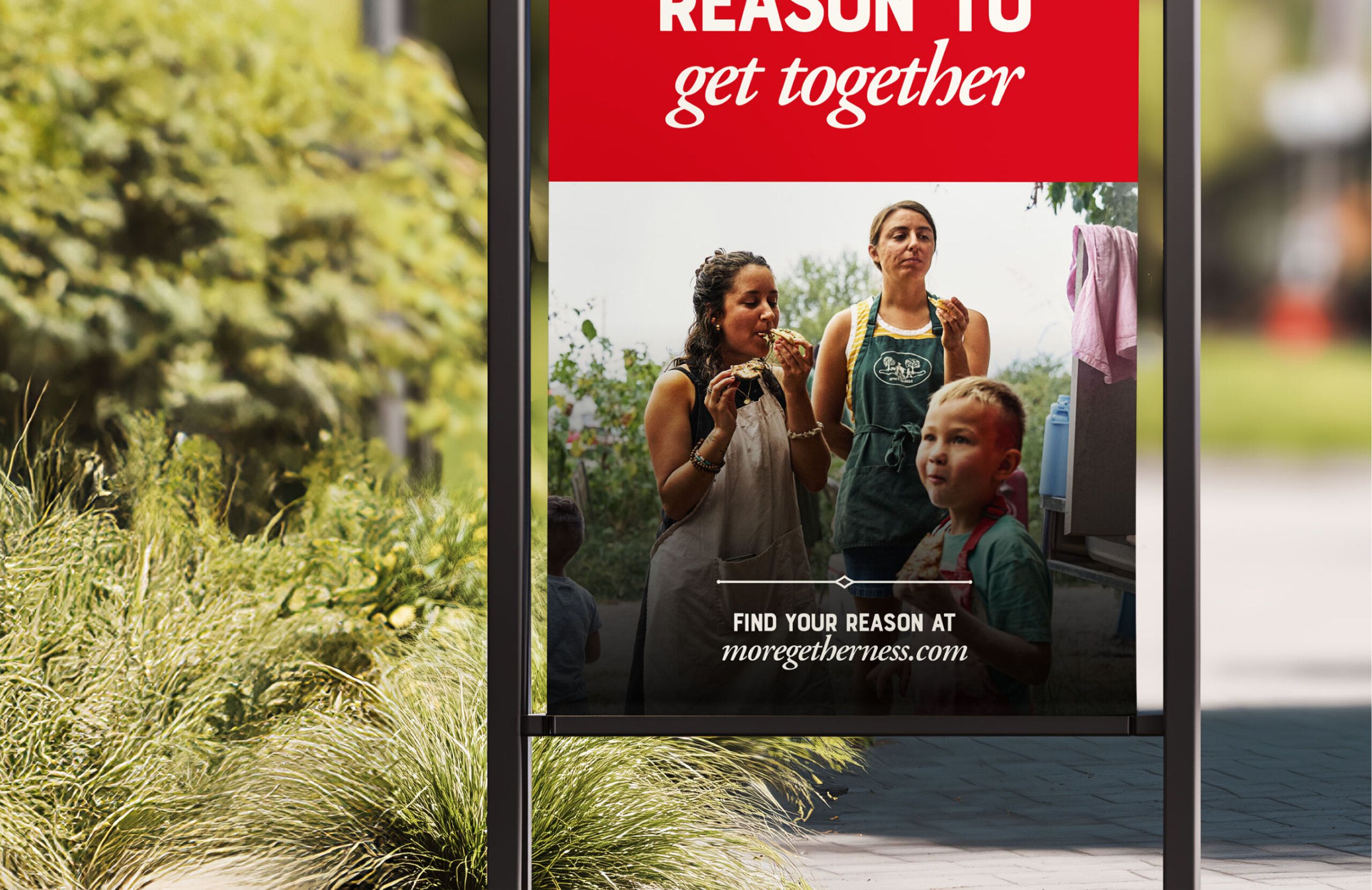 A bus stop advertisement shows three people outdoors, with text encouraging people to "get together" and a website link for more information.